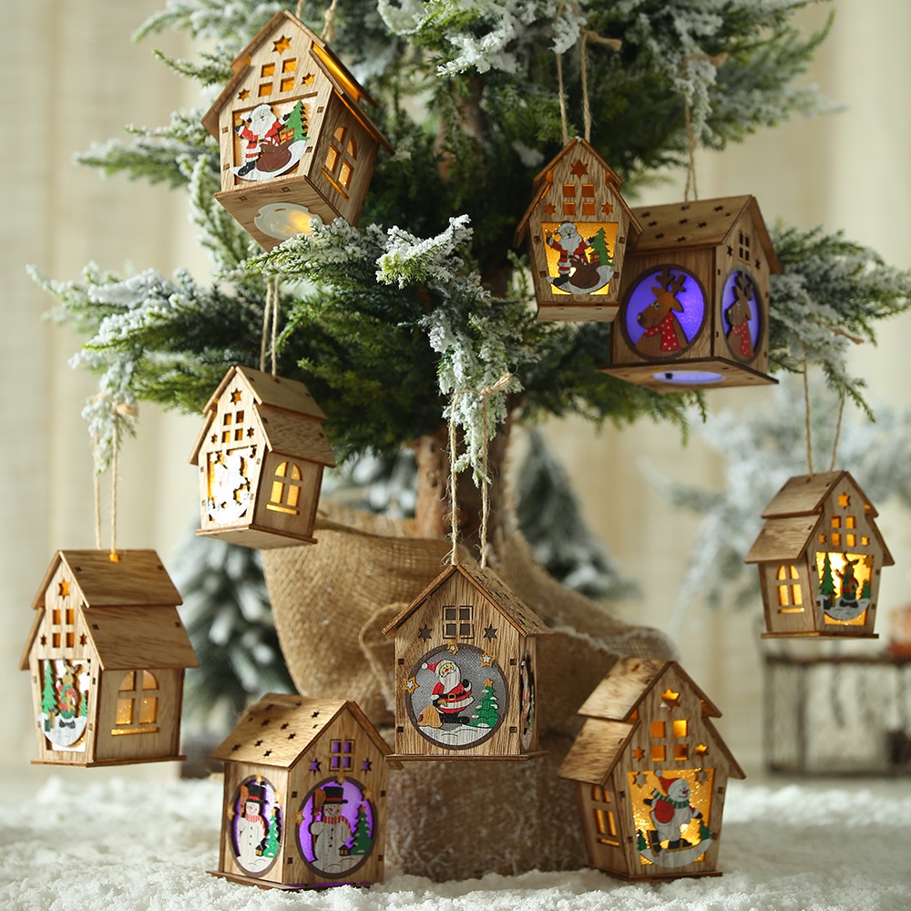 Hiasan Natal Rumah Kayu Wooden House LED Hiasan Pohon Natal Christmas Lamp