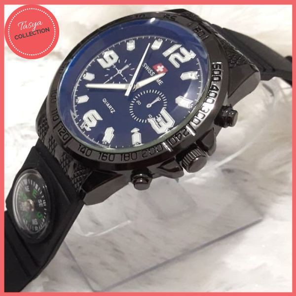 JAM TANGAN PRIA MURAH SWISS TIME + KOMPAS PLAT BIRU ST0115B