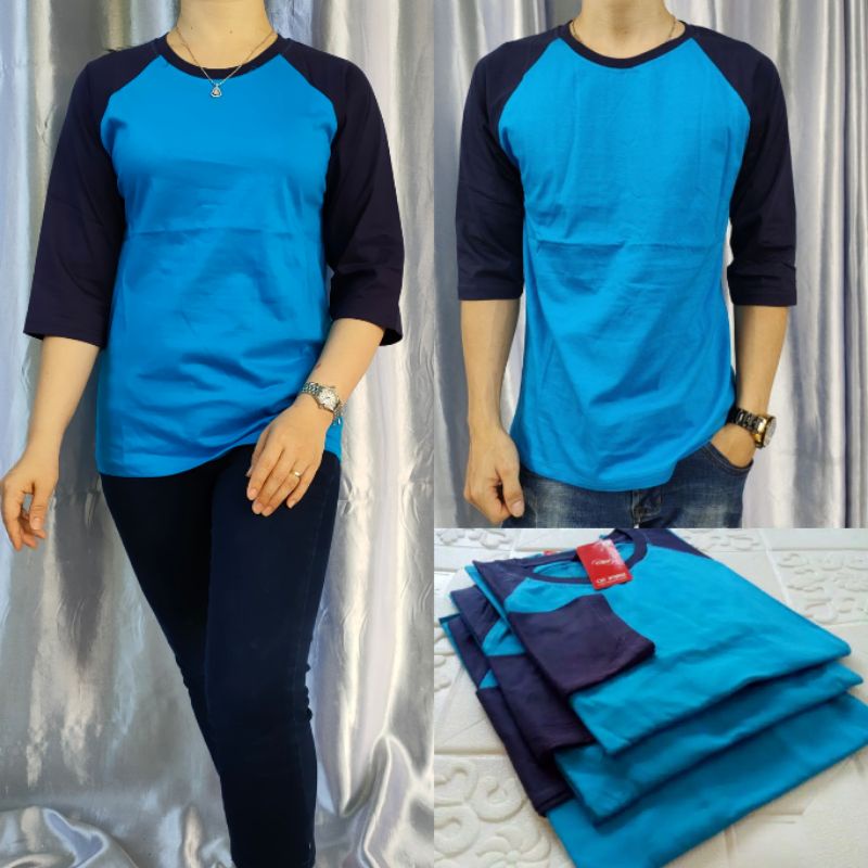 Kaos raglan polos TURKIS-NAVY lengan 3/4 uk M L XL XXL