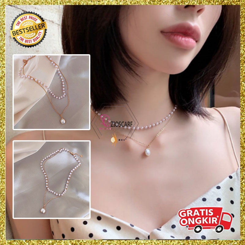 KALUNG TITANIUM WANITA PANJANG MUTIARA PEARL ELEGANT RETRO ANTI KARAT AKSESORIS FASHION IMPORT KOREA KLG37