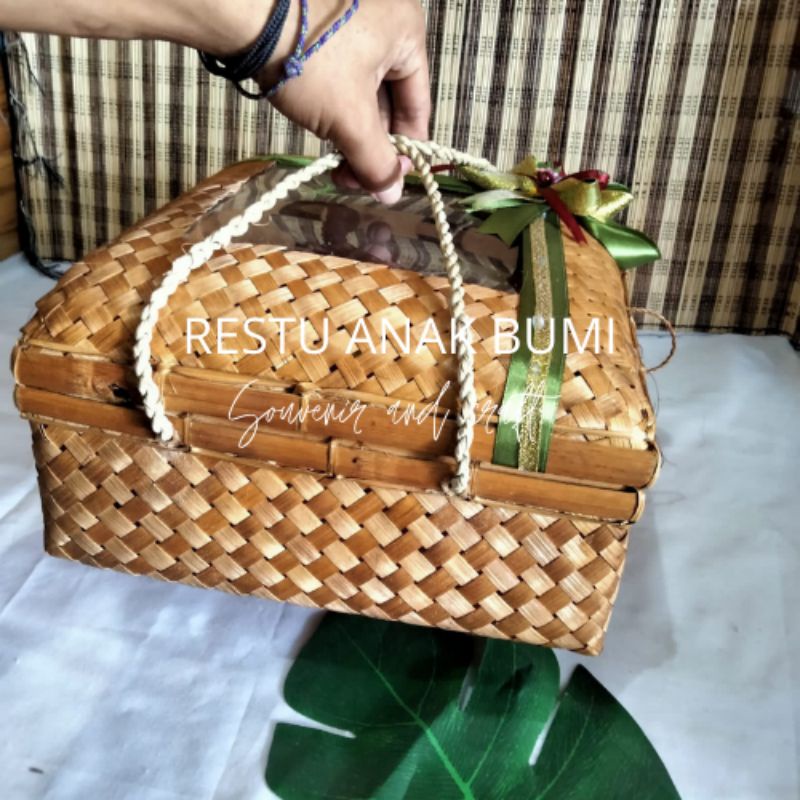 Sokase wadah parsel  hampers  seserahan 20-30cm plus mika pita list emas - Anyaman Bambu - Hantaran 