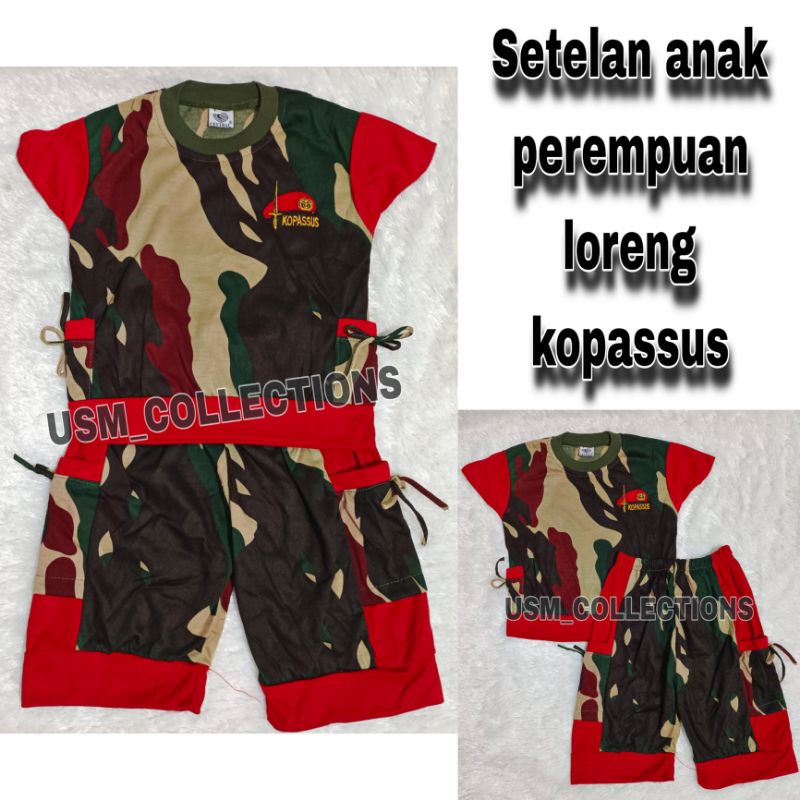 setelan kaos anak perempuan loreng kopassus / kaos anak pendek loreng