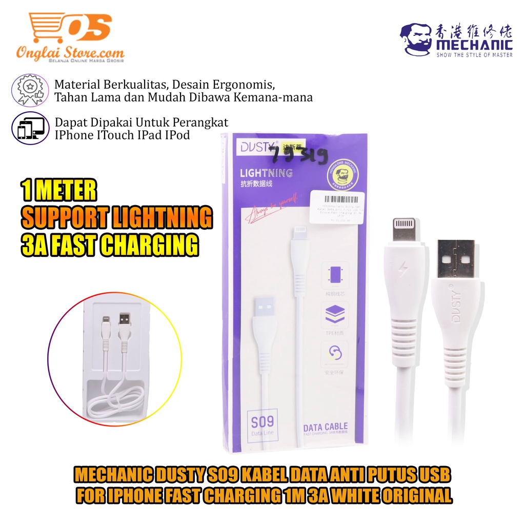 Mechanic Dusty S09 Iphone Kabel Data Anti Putus USB For Iphone Fast Charging 1M 3A White ORI