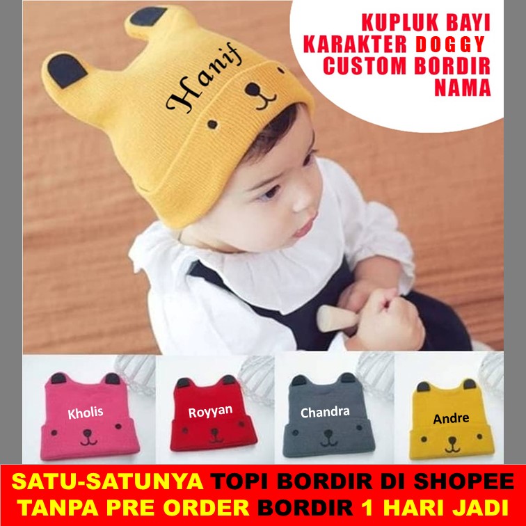 Kupluk Bayi Anak Motif Puppy Doggy Bordir Nama Tulisan 1 Hari Jadi