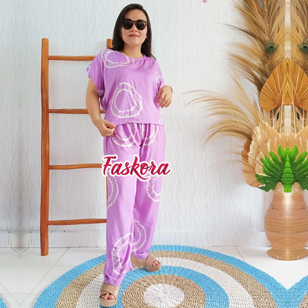 Piyama Rayon Jumbo Lengan Pendek One Set Wanita Kekinian Remaja Pajamas Polos Kombinasi Auristela-Gear Ungu