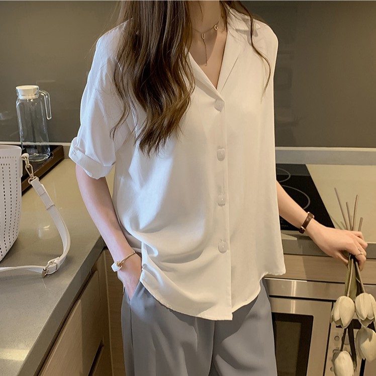 【xiaozhainv】Kemeja wanita gaya baru lengan pendek desain atasan longgar-6