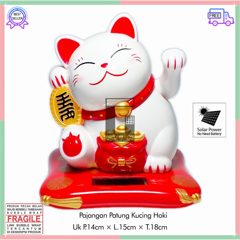 Hiasan Pajangan Patung Kucing Hoki Lucky Cat Maneki Neko Maneko Neki Keberuntungan Rejeki Rezeki Tangan Goyang Gerak China Cina Jepang Solar Non Baterai Batre Batrai Listrik Meja Toko Kasir Dashboard Mobil Size Ukuran Besar Big Medium Sedang Small Kecil