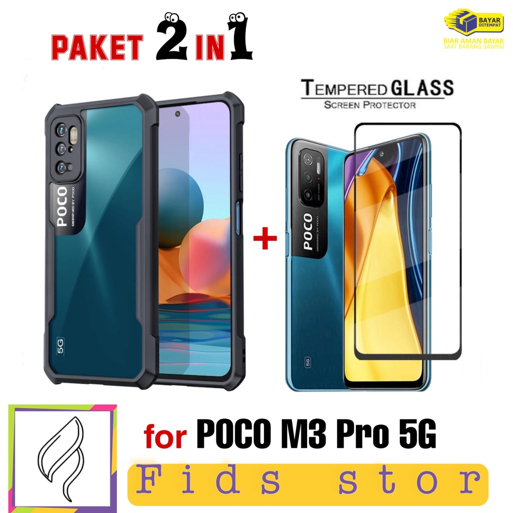 Promo 2in1 SHOCKPROF Casing Transparan + Tempered Glass Full cover Black For POCO M3 Pro 5G