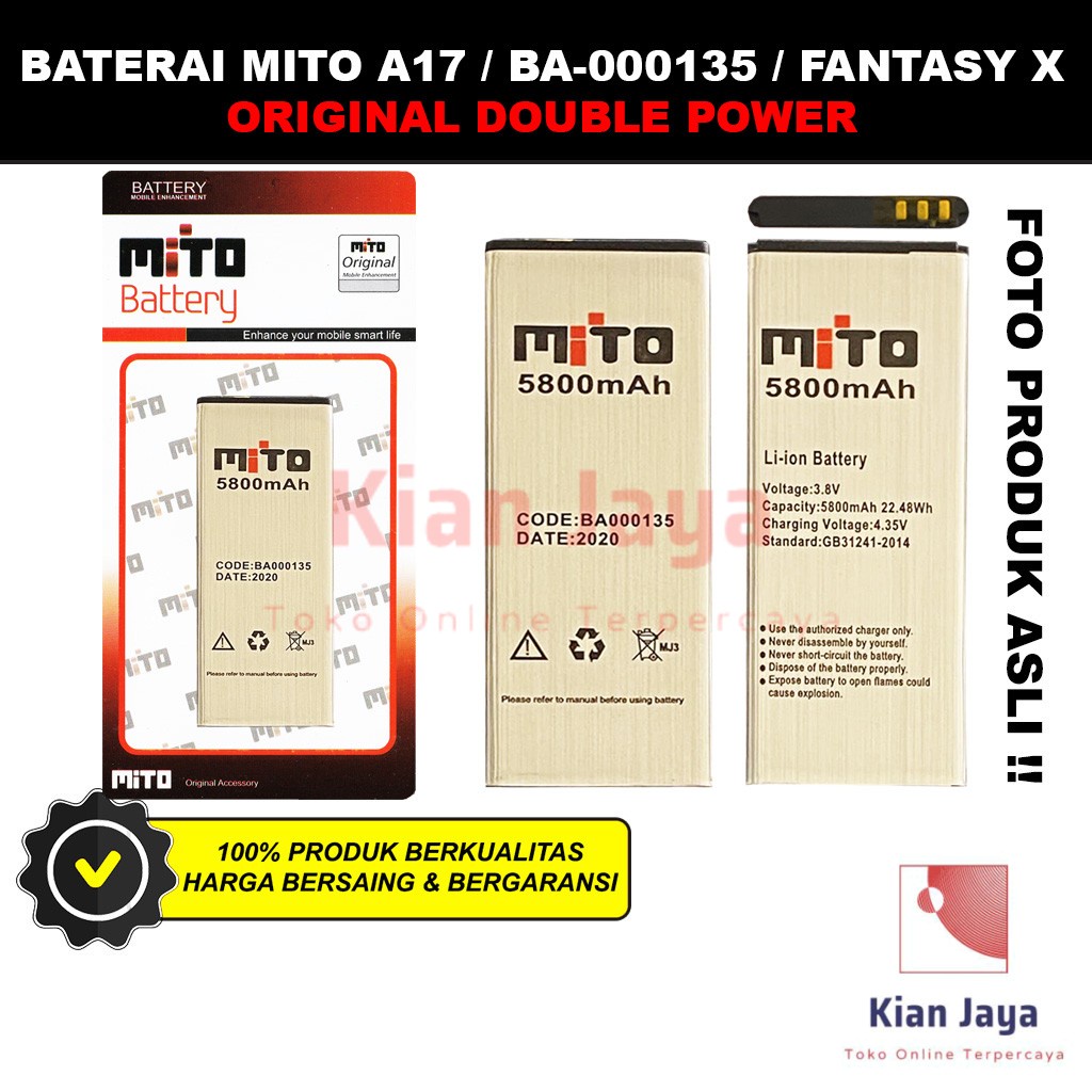 Baterai Mito A17 Fantasy X BA-000135 Original Double Power Batre Batrai Battery Hp Ori