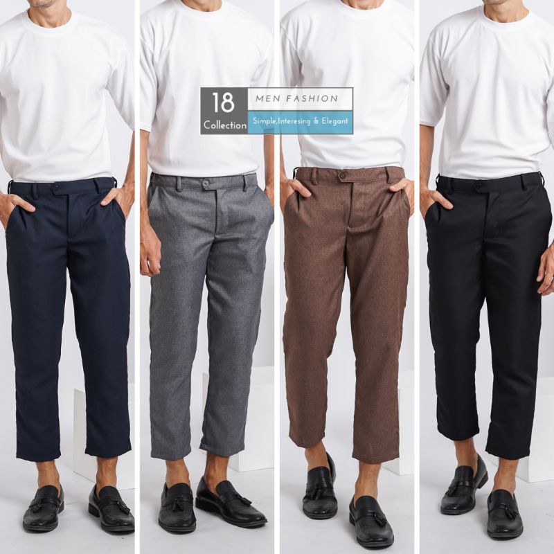 [Best Seller] Men Trousers Stripe &amp; Plain Celana Bahan Kantoran Motif Garis &amp; Polos