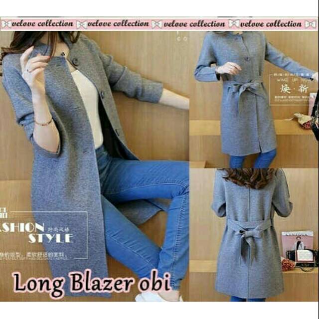 Long obi blazer grey jas panjang wanita abu korea japan style kasual casual formal keren murah