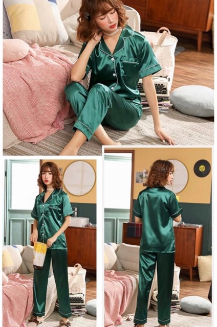 Setelan Piyama Baju Tidur Wanita CP silk/Piyama Lengan Pendek Krah Kancing Polos Bahan Satin Premium