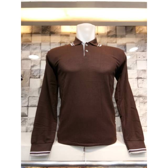 Kaos polo pria berkerah polos lengan panjang pake lis warna COKLAT kaos polo pria dan wanita panjang