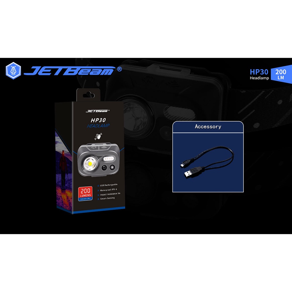 JETBeam HP30 Headlamp Senter Kepala LED USB Rechargeable 200 Lumens - Black
