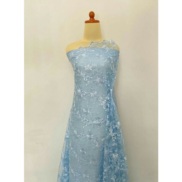 SETENGAH METER Kain Brokat Tile Prancis Bahan Kebaya Motif Lily - Dusty Blue ( HARGA PER 50cm KAIN )