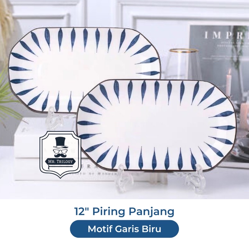Piring Saji Panjang 12 Inch Keramik Motif Jepang Plate Sushi Dinner Alat makan Long Plate Persegi