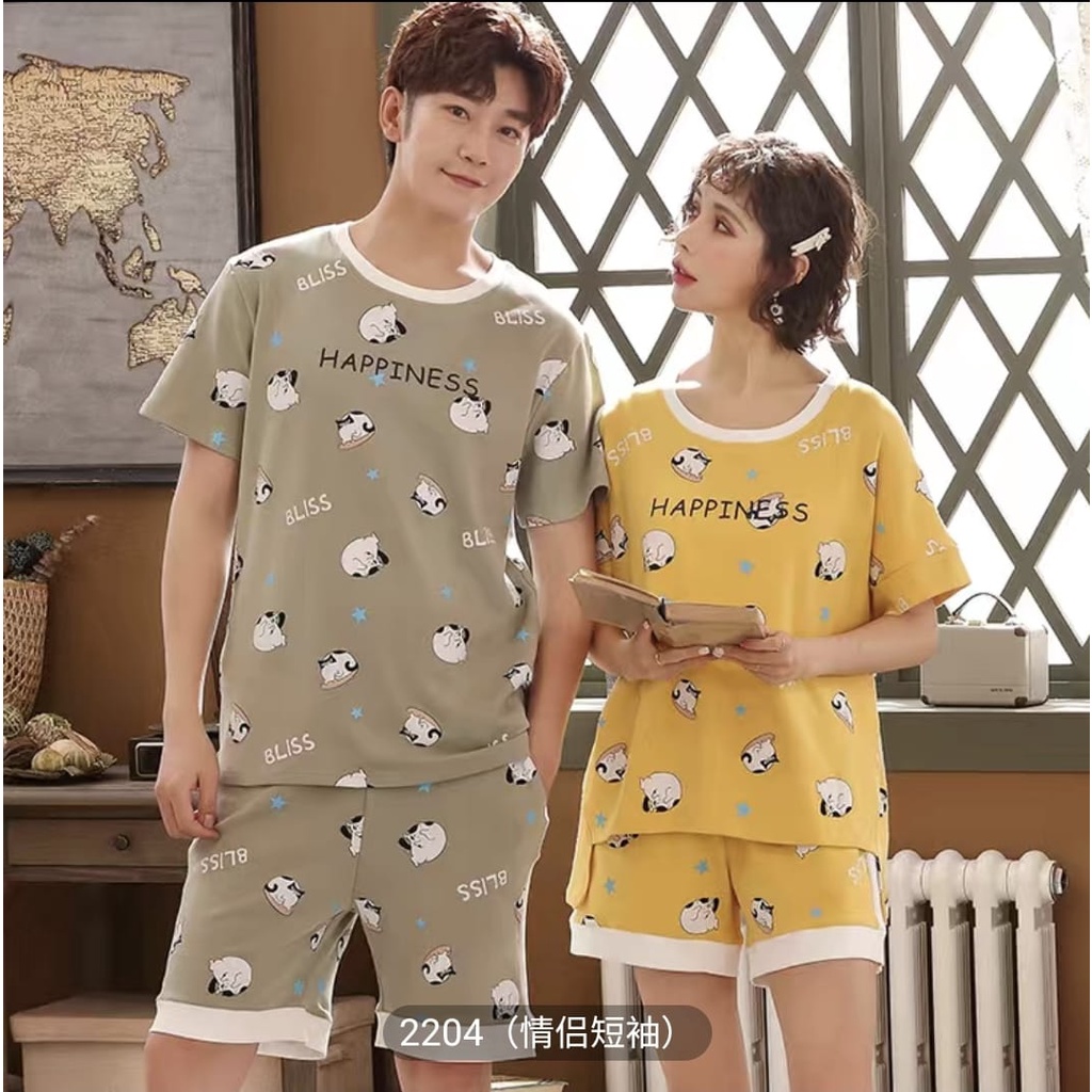 Baju tidur piyama couple bahan kaos import lengan pendek celana pendek