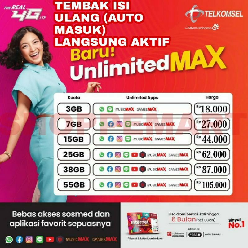 injek isi ulang Telkomsel Unlimited Max unlimitedmax tsel as simpati loop 3GB 7GB 15GB 25GB 55GB