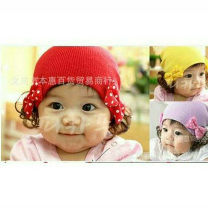 Ribbon Polkadot Hat| Curly Ribbon Wig Hat Cute/Topi Kuncir Pita Polka Topi Rambut Anak