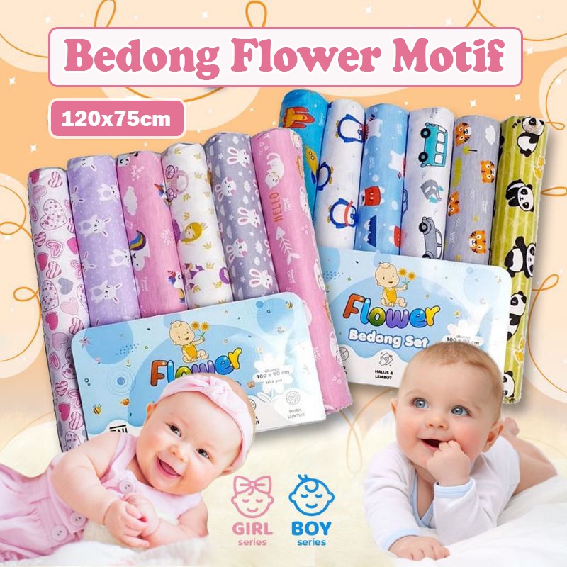 3 Pcs Bedong Bayi Flower Motif Alas Tidur Selimut Baby Flanel Premium Halus Lembut 120x75cm