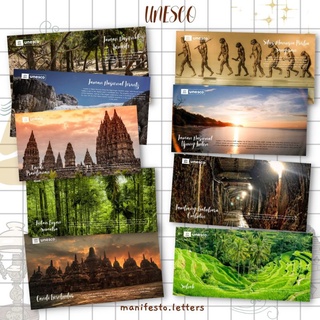 Postcard Long Seri Unesco | Kartu Pos Indonesia | Borobudur | Subak | Sangiran | Komodo | Ombilin | Prambanan