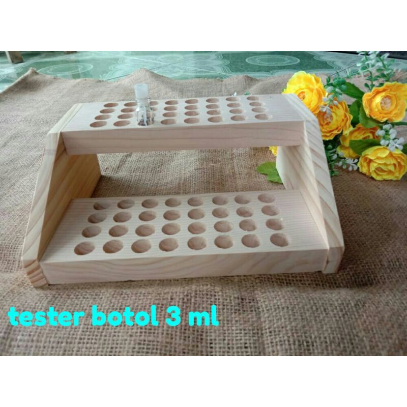 tatakan parfum tingkat tester 3ml / display parfum kayu tester 3ml/ botol parfum  tester 3ml