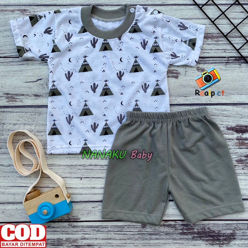 Setelan Baju Bayi Setelan Piyama Bayi Lengan Pendek Kancing Bahu Motif Piramid Usia 3-12 Bulan Ana BAby