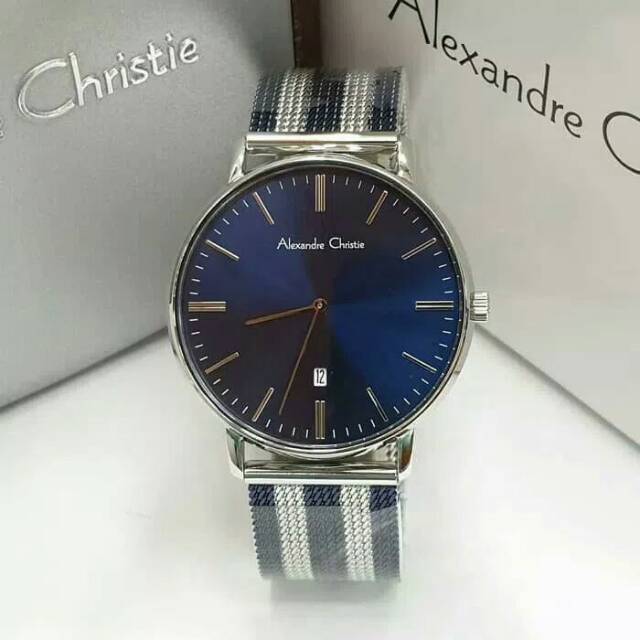 JAM TANGAN PRIA ALEXANDRE CHRISTIE COWOK SILVER BLUE RANTAI PASIR ORIGINAL GARANSI AC 8582 BIRU