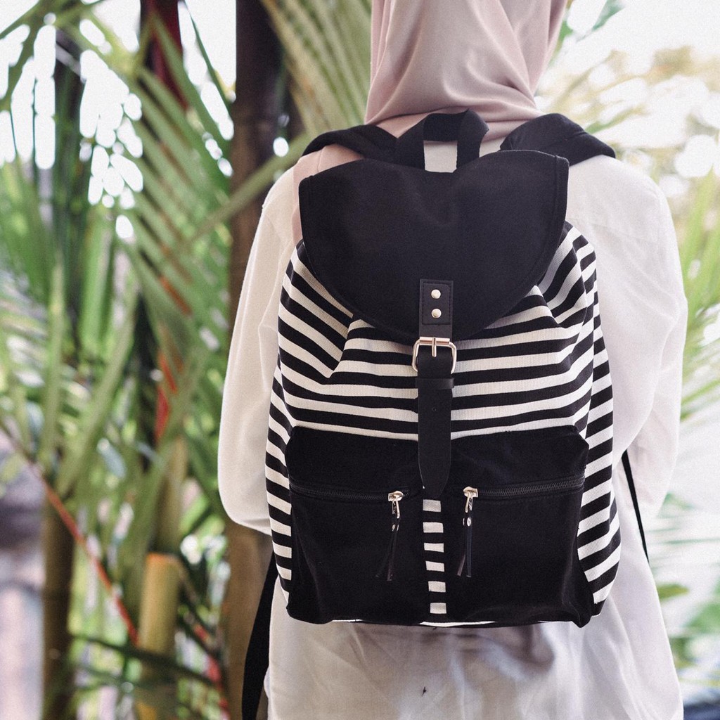 TAS RANSEL LAPTOP KANVAS KEREN KULIAH HEEJOU TRAVELLO STRIPE