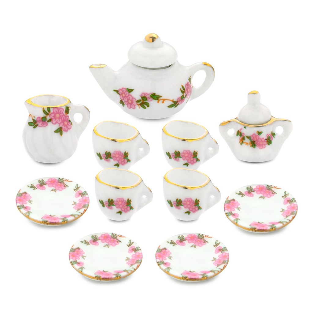 Populer 11pcs Cangkir Teh Porselen Set Mainan Dapur Dengan Lis Emas Motif Bunga1 /6 1/12 Miniatur