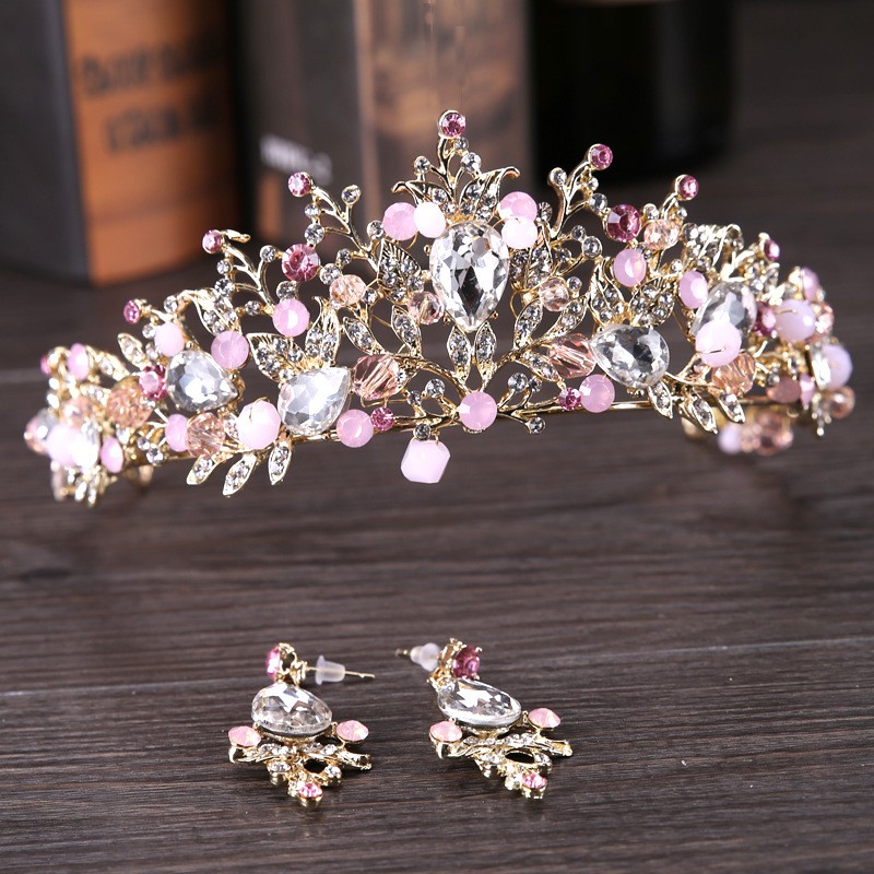 Deartiara Set Bando Tiara Handmade+Anting Tusuk Desain Kristal Warna Emas Pink Untuk Wedding