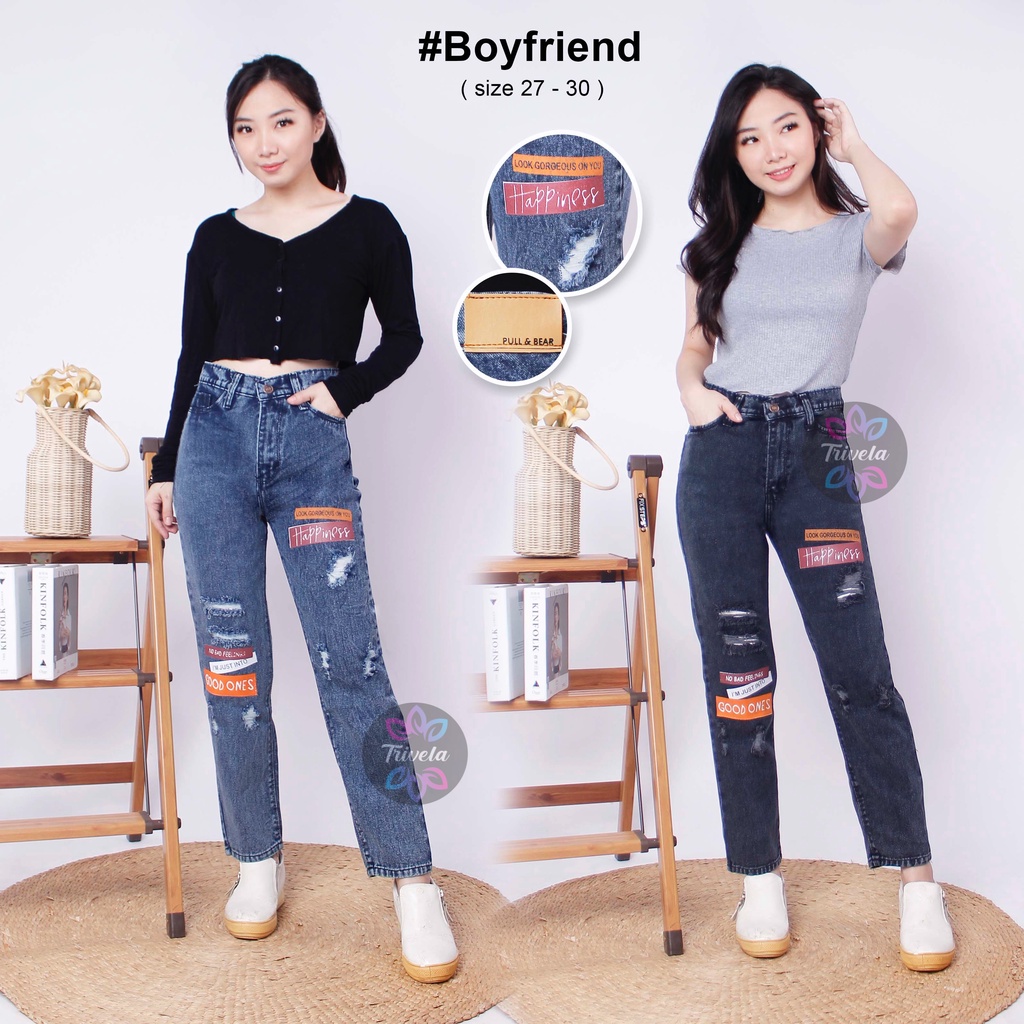 TRIVELA - Boyfriend Jeans Sablon Sobek / Boyfriend Happiness