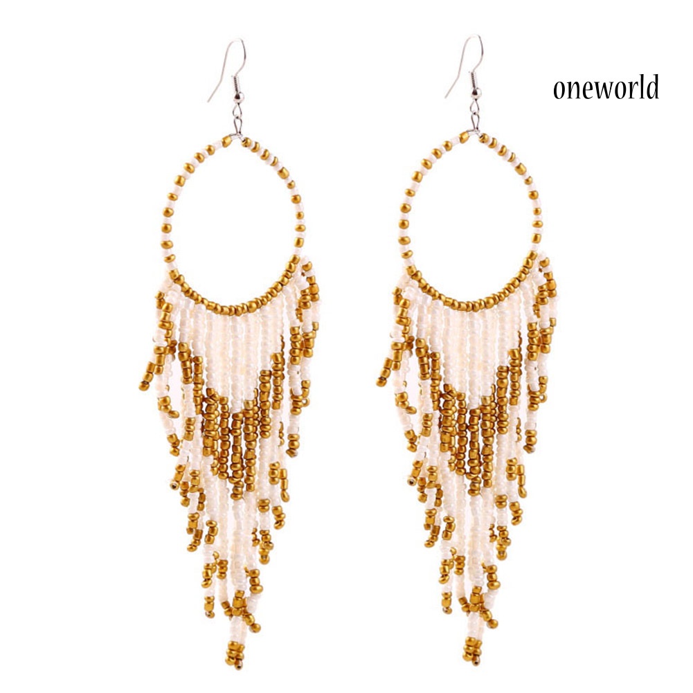 OW# Bohemian Women Beads Tassel Round Dangle Long Hook Earrings Statement Jewelry