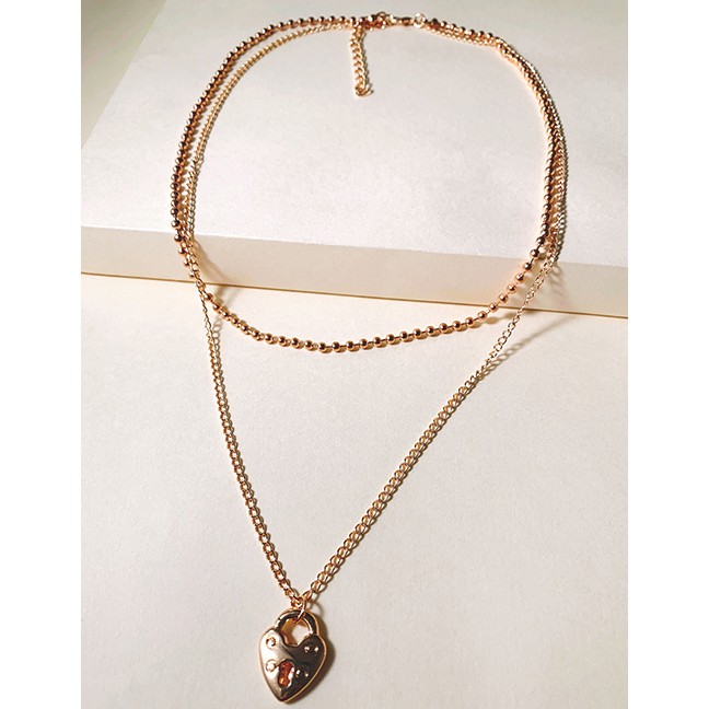 LRC Kalung Fashion Golden Alloy Heart-shaped Round Bead Hollow Multi-layer Necklace K43573