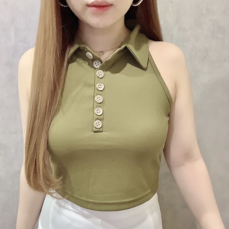 Collar Button Tank Blouse | Knit Tanktop Crop Top Atasan Wanita | Maimon Grosir