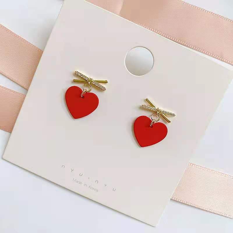 6 styles of red bow love heart diamond-painted women's earrings earrings Korean fashion jewelry festive lucky accessories