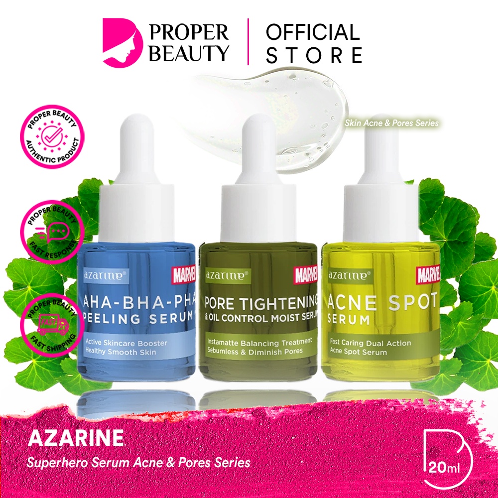 AZARINE Superhero Serum Acne &amp; Pores Series Indonesia / Acne Spot Pore Tightening &amp; Oil Control Moist AHA BHA PHA Peeling 20ml / Jerawat Wajah / Skincare Face Care Facial Wash Toner Essence Mist Day Night Eye Cream Sunscreen Mask Moisturizer / Paket