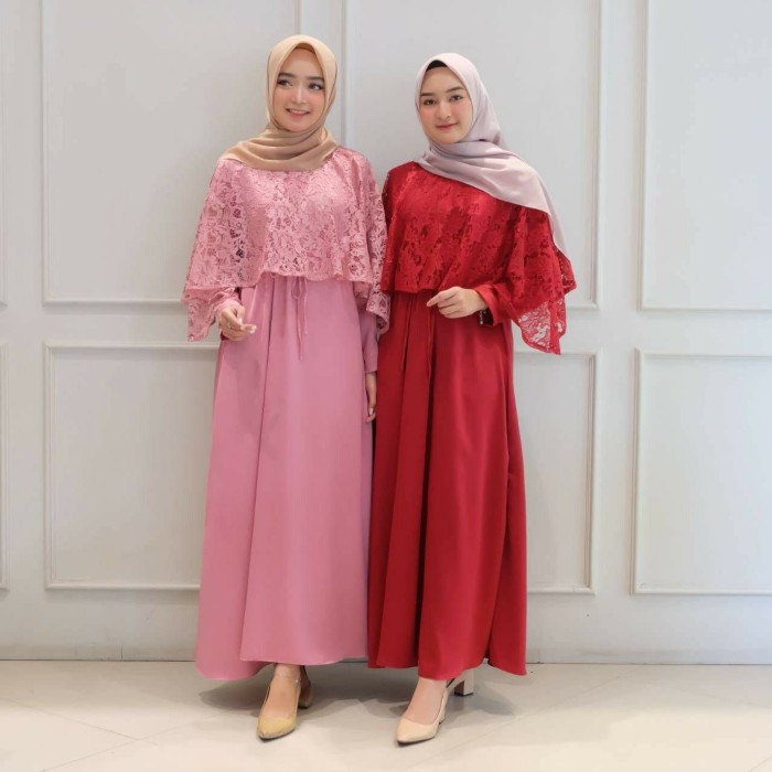 Gamis Wanita Bintang Maxi Brokat Baju Lebaran Gaun Pesta Terbaru - Merah