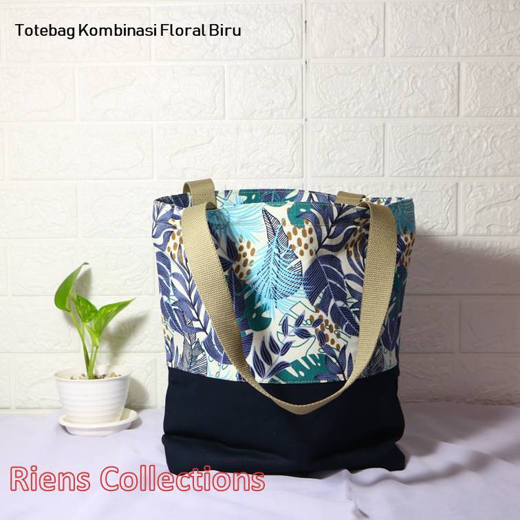 TAS KANVAS TOTEBAG KANVAS KOMBINASI MOTIF FLORAL BIRU. Riens Collections