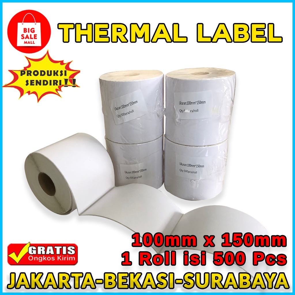 Kertas Thermail Stiker Thermal 100x150 isi 500 &amp; 250 lembar, Label Thermal barcode, Kertas EDC/printer mini bluetooth