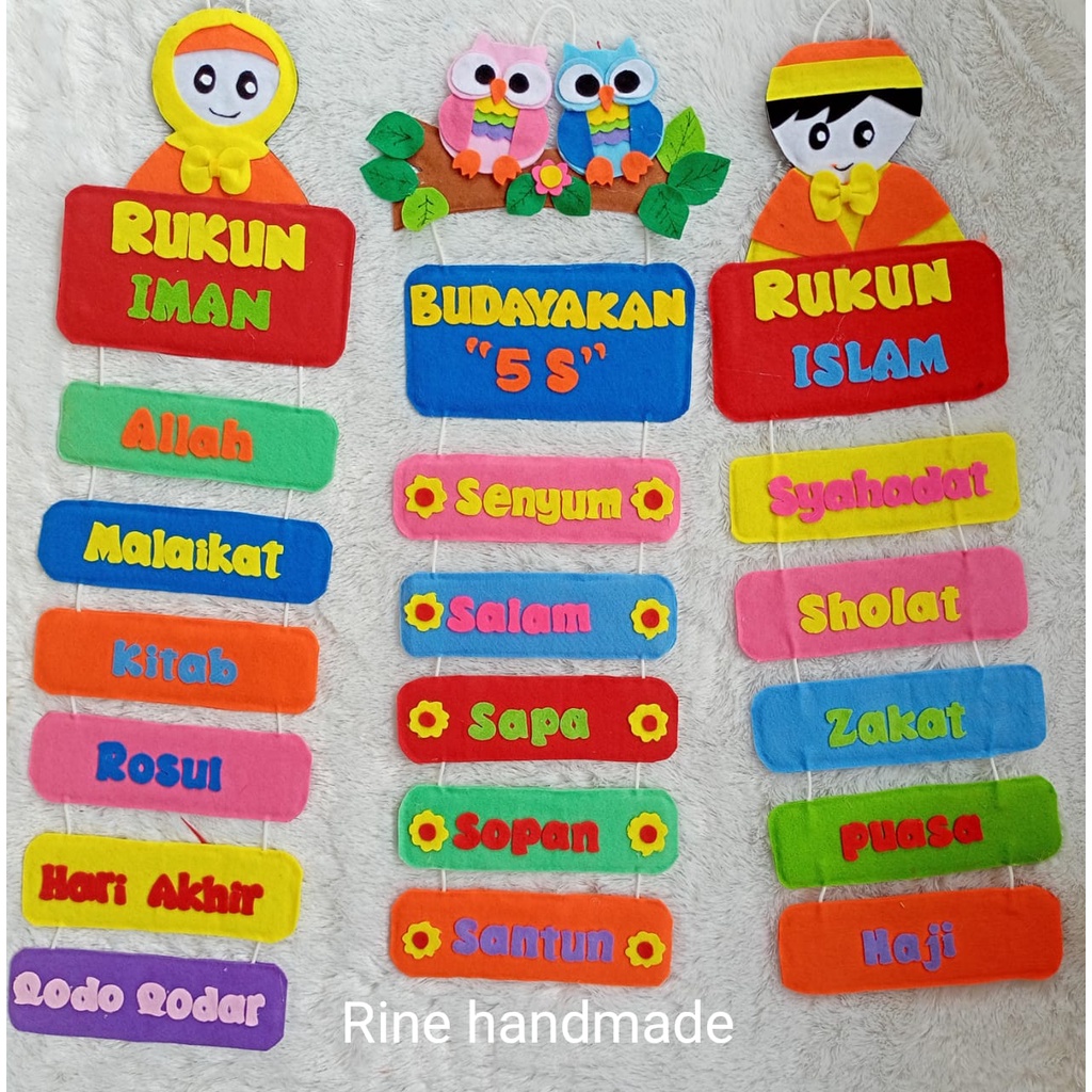 Gantungan Rukun iman, islam, budayakan 5S, budayakan 6S, budayakan 7K, dan 5T bahan flanel Rine hand