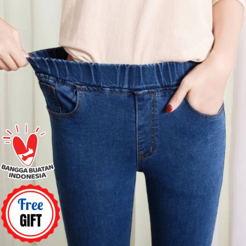 Celana jeans wanita pinggang karet - jegging wanita jumbo - jeans pensil wanita pinggang karet