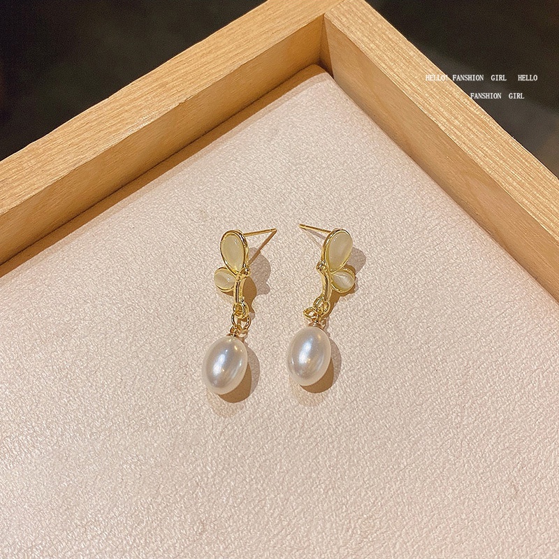 Anting Tusuk Sterling silver 925 Desain Kupu-Kupu Hias Batu Opal + Mutiara Mewah Untuk Wanita