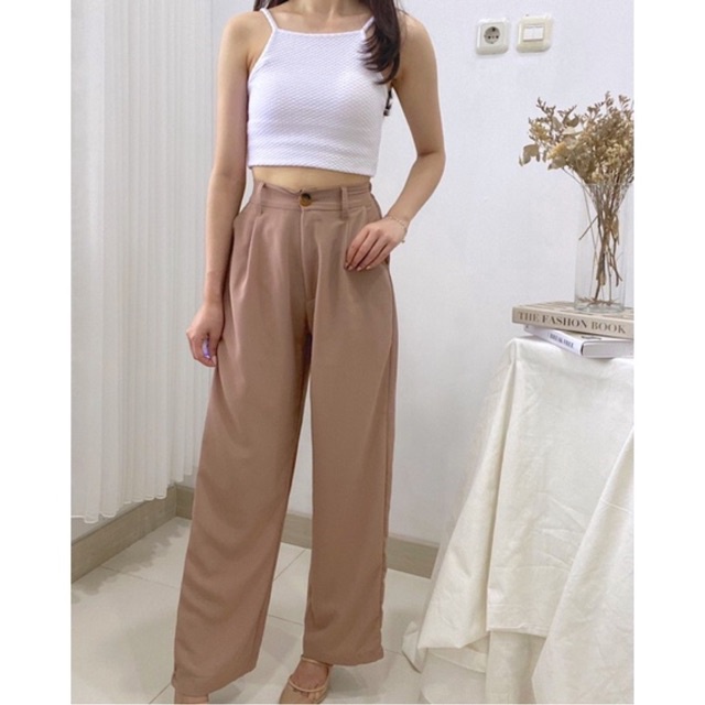 KANA Basic Long Pants / Loose Button Kulot / Celana Bahan Korea / Celana Linen Wanita / Celana Satu Kancing Kantor P3