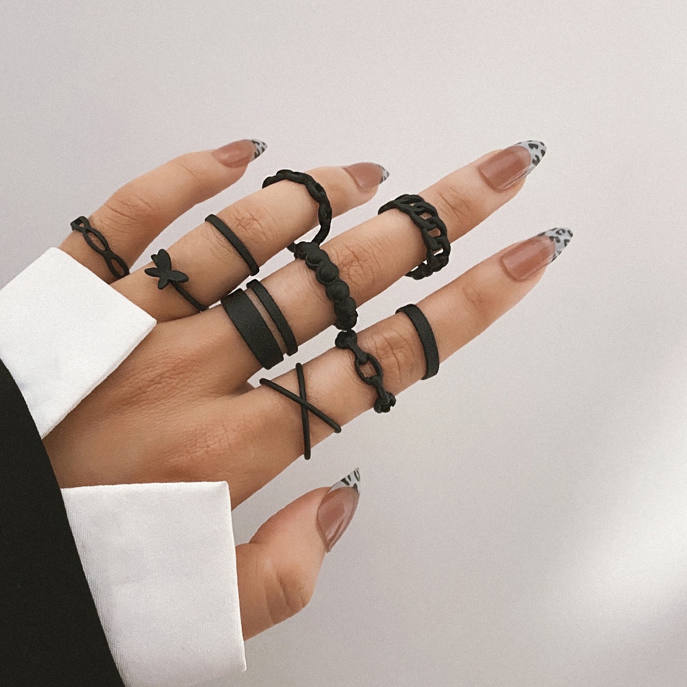 Set Cincin Adjustable Desain Ular Butterfly Warna Hitam Bahan Metal Untuk Wanita