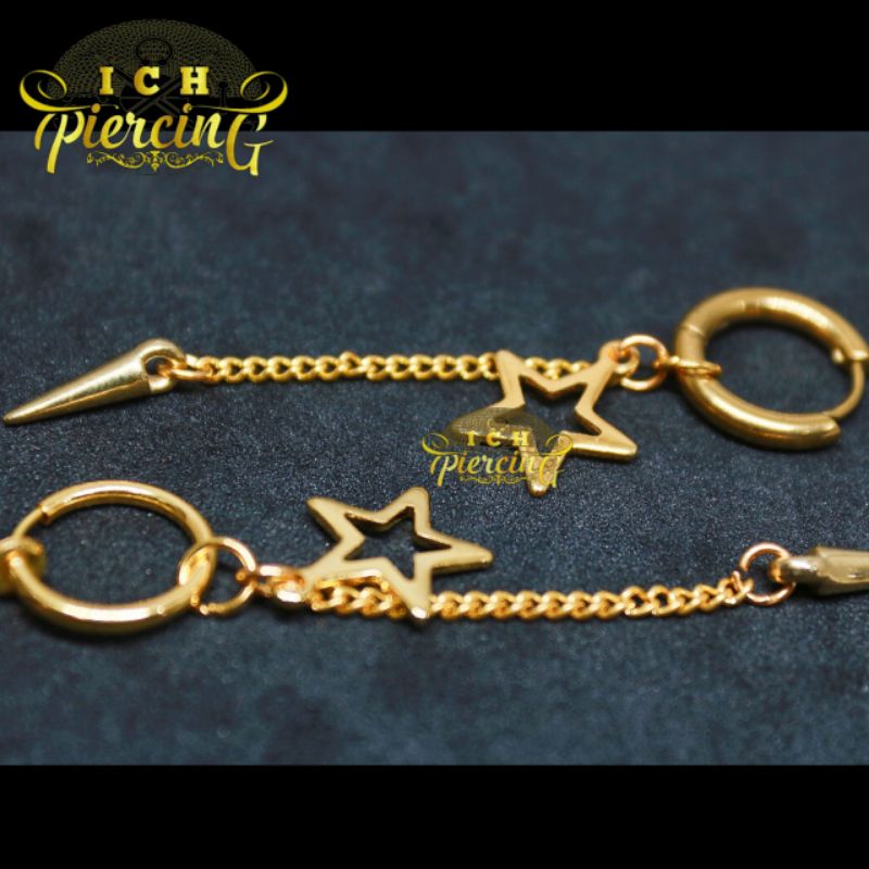 anting Hoop bintang rantai bandul gold / anting tindik dan jepit titanium warna gold / ICH PIERCING