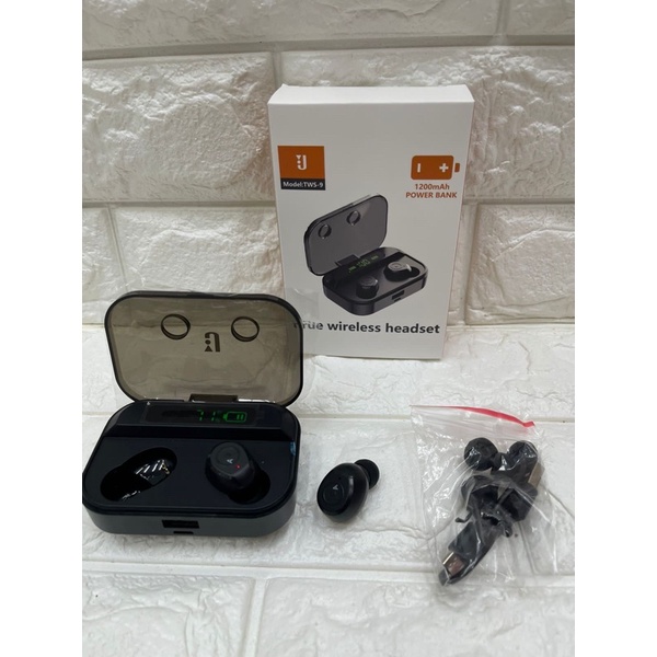 Terbaru earphone Bluetooth TWS9 + power bank blutut headset henset wireless hendsfree/kuping murah