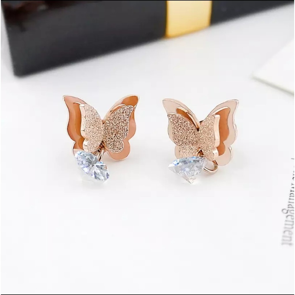 Anting Tusuk Titanium Kupu-Kupu Diamond Gantung Tersedia Warna Rosegold, Gold dan Silver