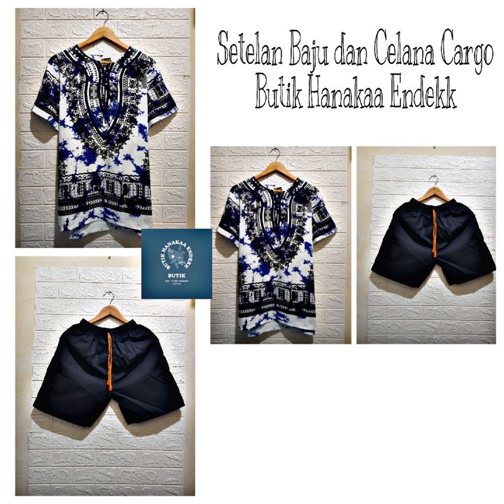 Set/Setelan Baju dan Celana Cargo Etnik Dashiki Bercak Pria/Wanita (Unisex)