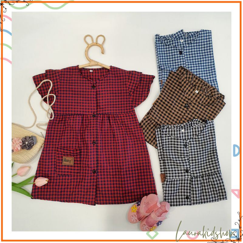 Dress Anak Kotak-Kotak Full kancing 3-5 Tahun Laurakidshop